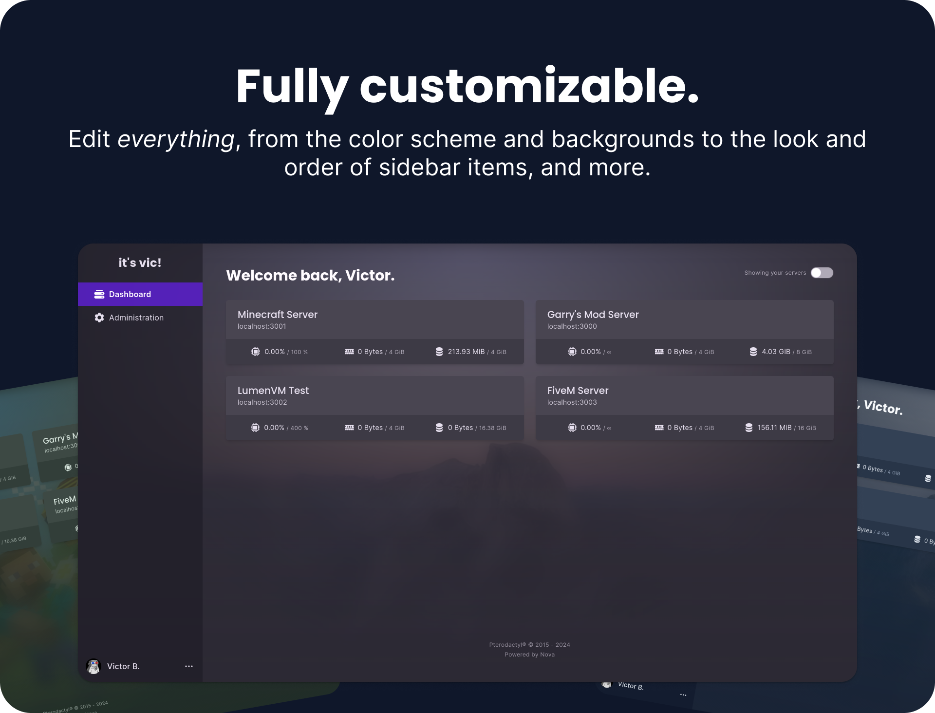 Fully customizable. Edit everything, from the color scheme and backgrounds to the look and order of sidebar items, and more.