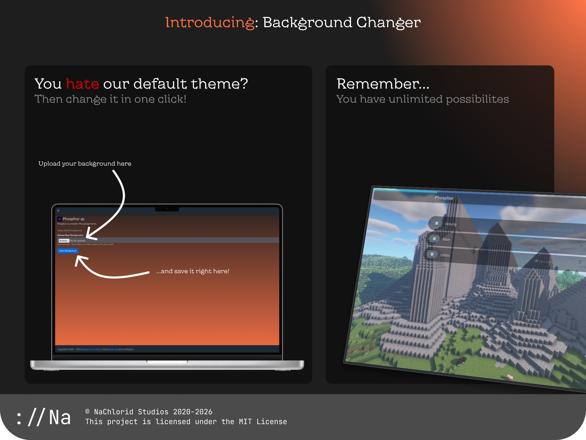 Introducing: Background changer; You hate our default theme? Then just change it; Remember, you have unlimited possibilities
