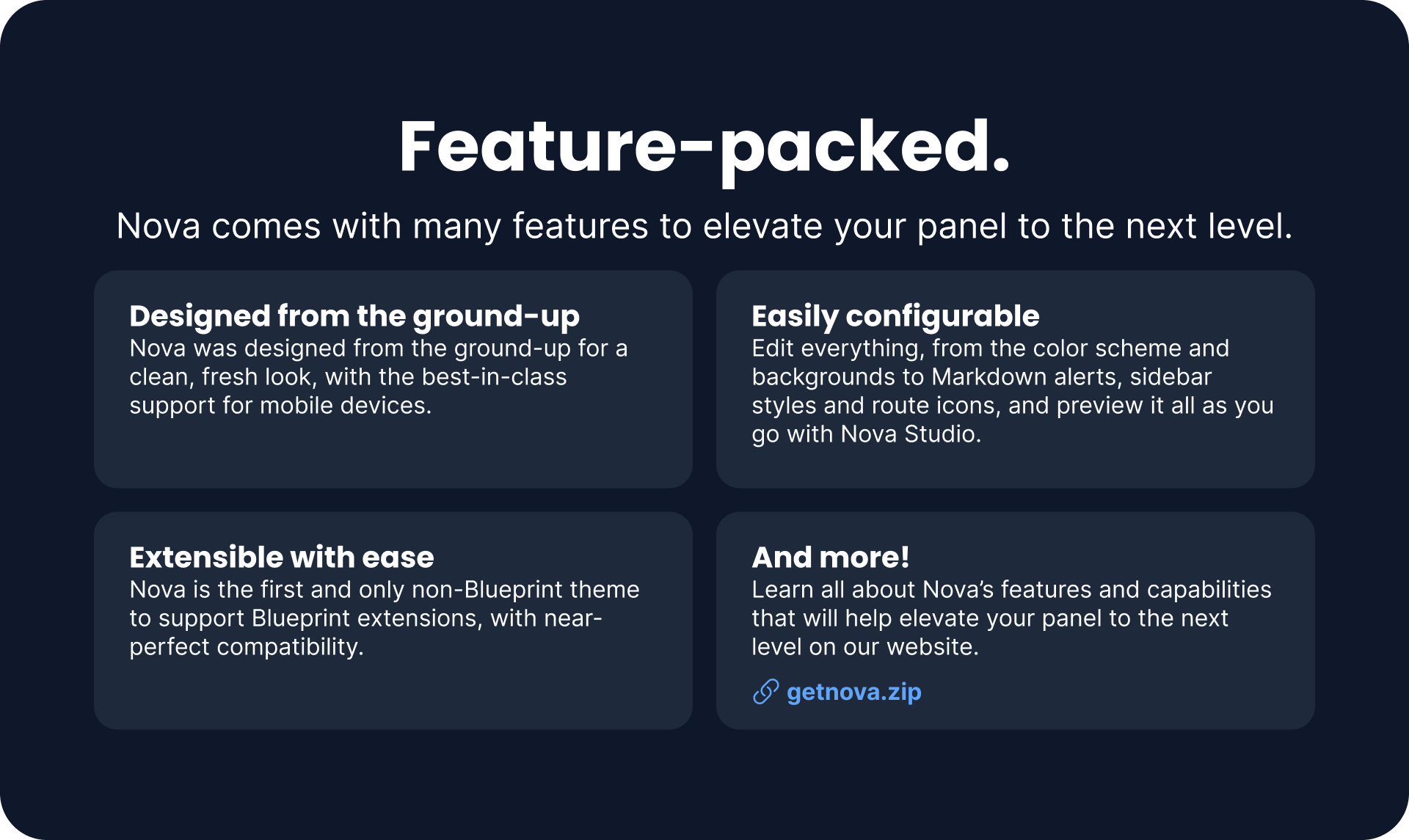 Feature-packed. Nova comes with many features to elevate your panel to the next level. Designed from the ground-up: Nova was designed from the ground-up for a clean, fresh look, with the best-in-class support for mobile devices. Easily configurable: Edit everything, from the color scheme and backgrounds to Markdown alerts, sidebar styles and route icons, and preview it all as you go with Nova Studio. Extensible with ease: Nova is the first and only non-Blueprint theme to support Blueprint extensions, with near-perfect compatibility. And more! Learn all about Nova’s features and capabilities that will help elevate your panel to the next level on our website: getnova.zip